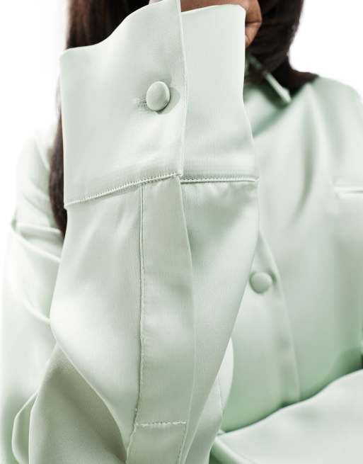 ASOS DESIGN satin pyjama shirt in sage green (part of a set), 3 of 4