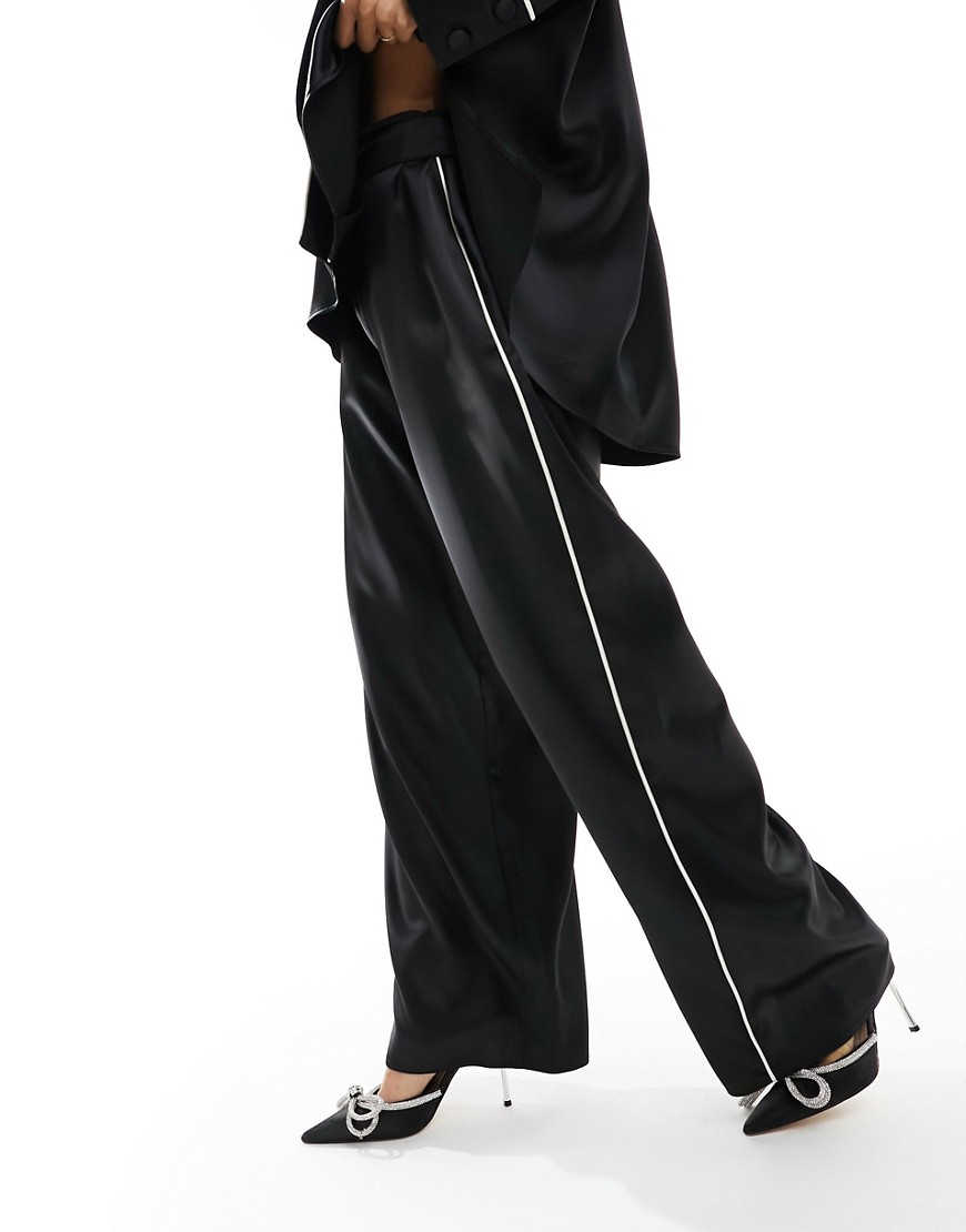 ASOS DESIGN satin pyjama trouser co-ord with piping detail in black