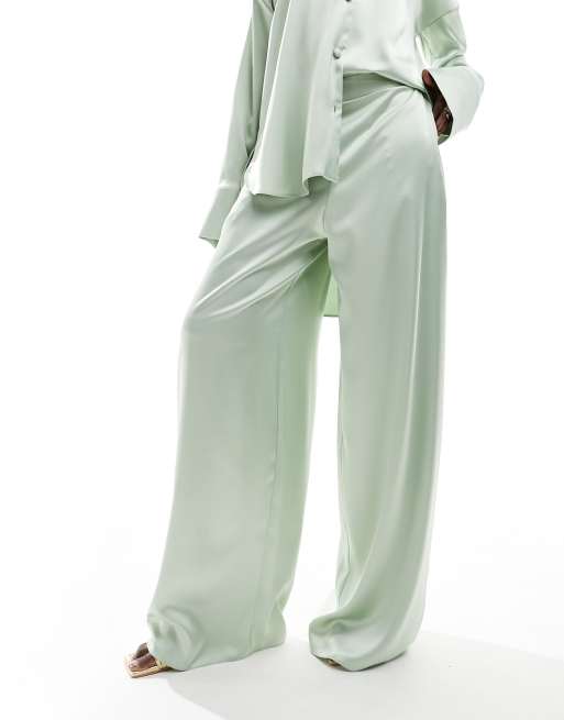 ASOS DESIGN satin pyjama shirt wide leg trouser co ord in sage green ASOS