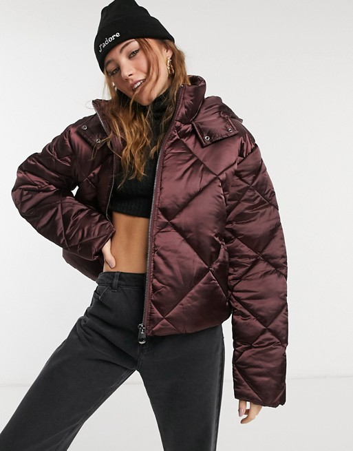ASOS DESIGN satin quilted oversized puffer jacket in burgundy
