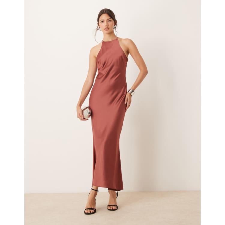 satin racer dress ASOS DESIGN satin racer bias maxi dress in brown