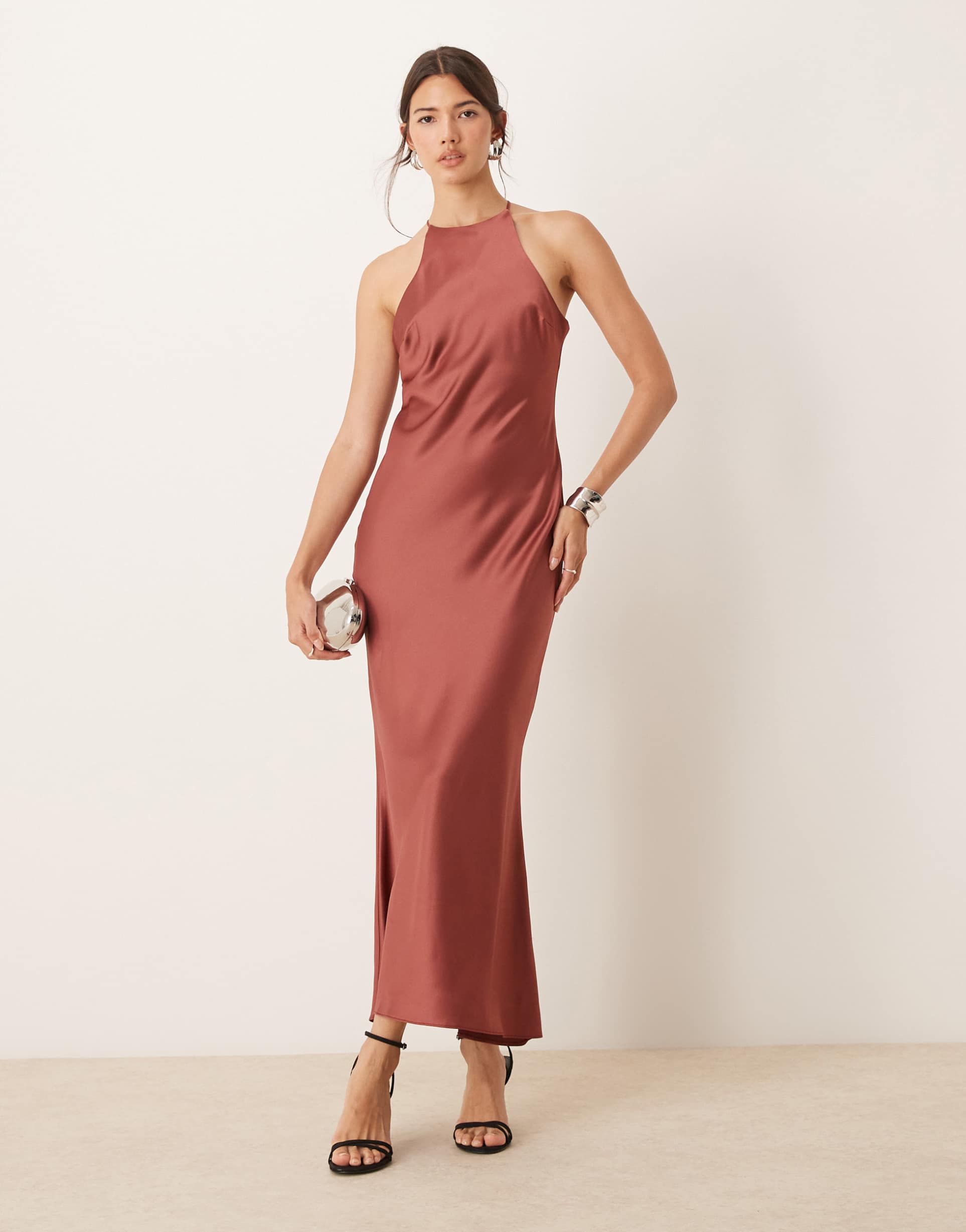 asos design satin racer bias maxi dress in brown