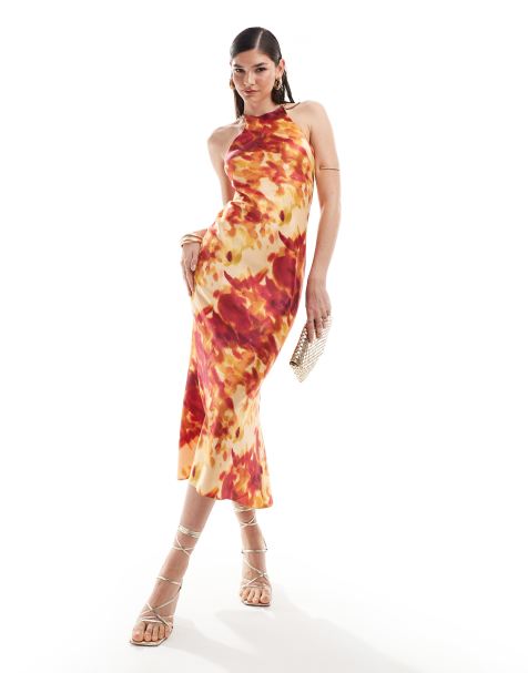 ASOS DESIGN satin racer bias midaxi dress in blurred abstract print - view 1