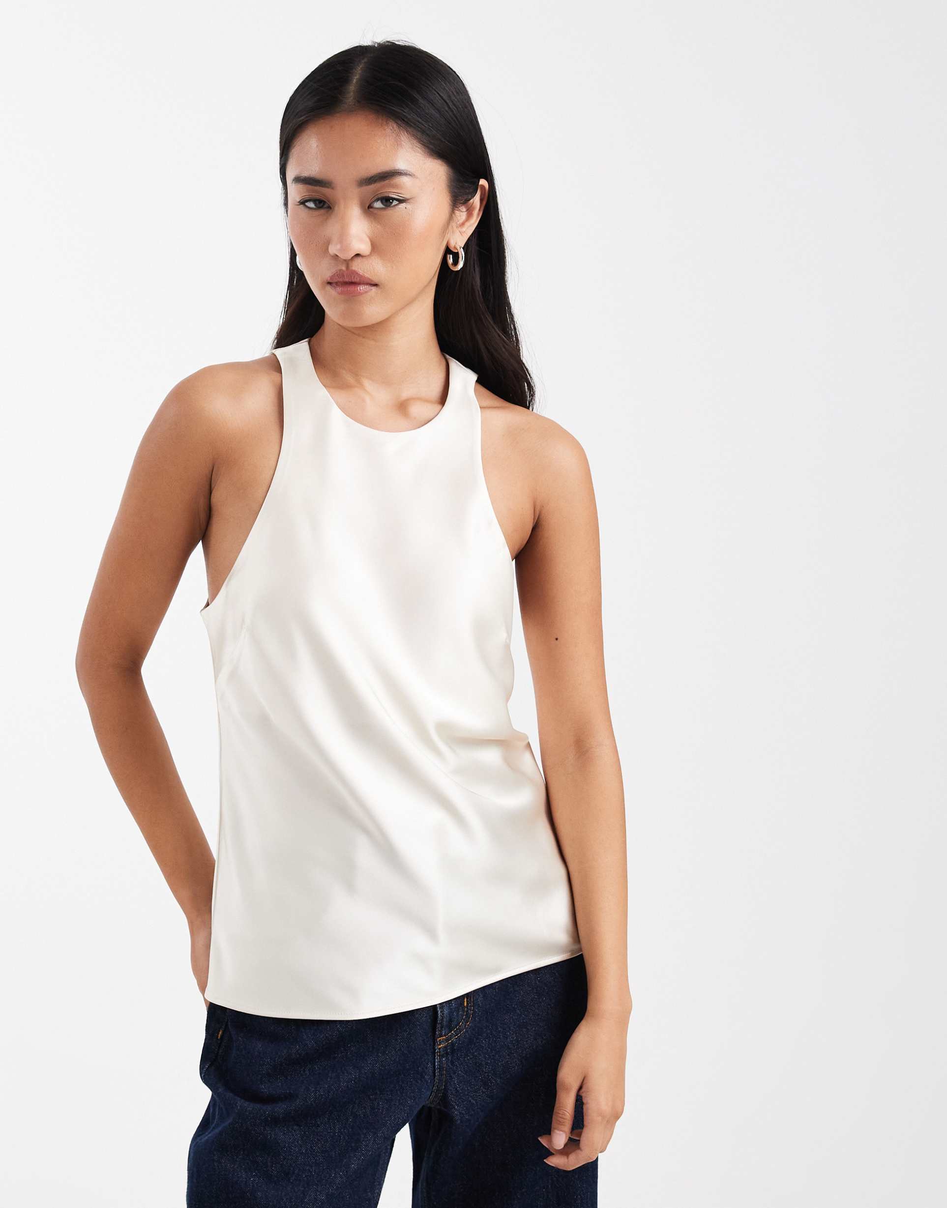 asos design satin racer cami in cream