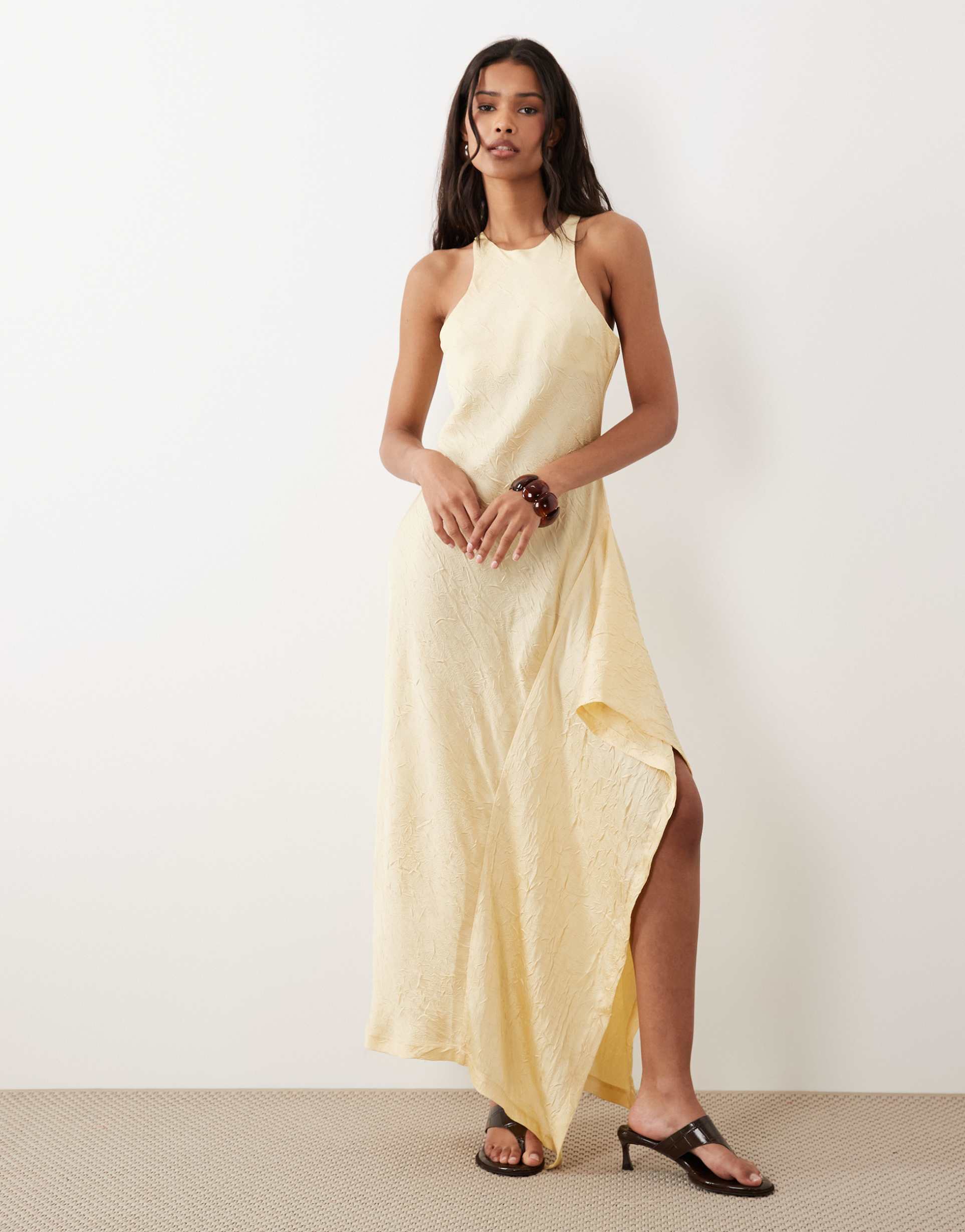 asos design satin racer midi dress with side ruffle detail in buttermilk