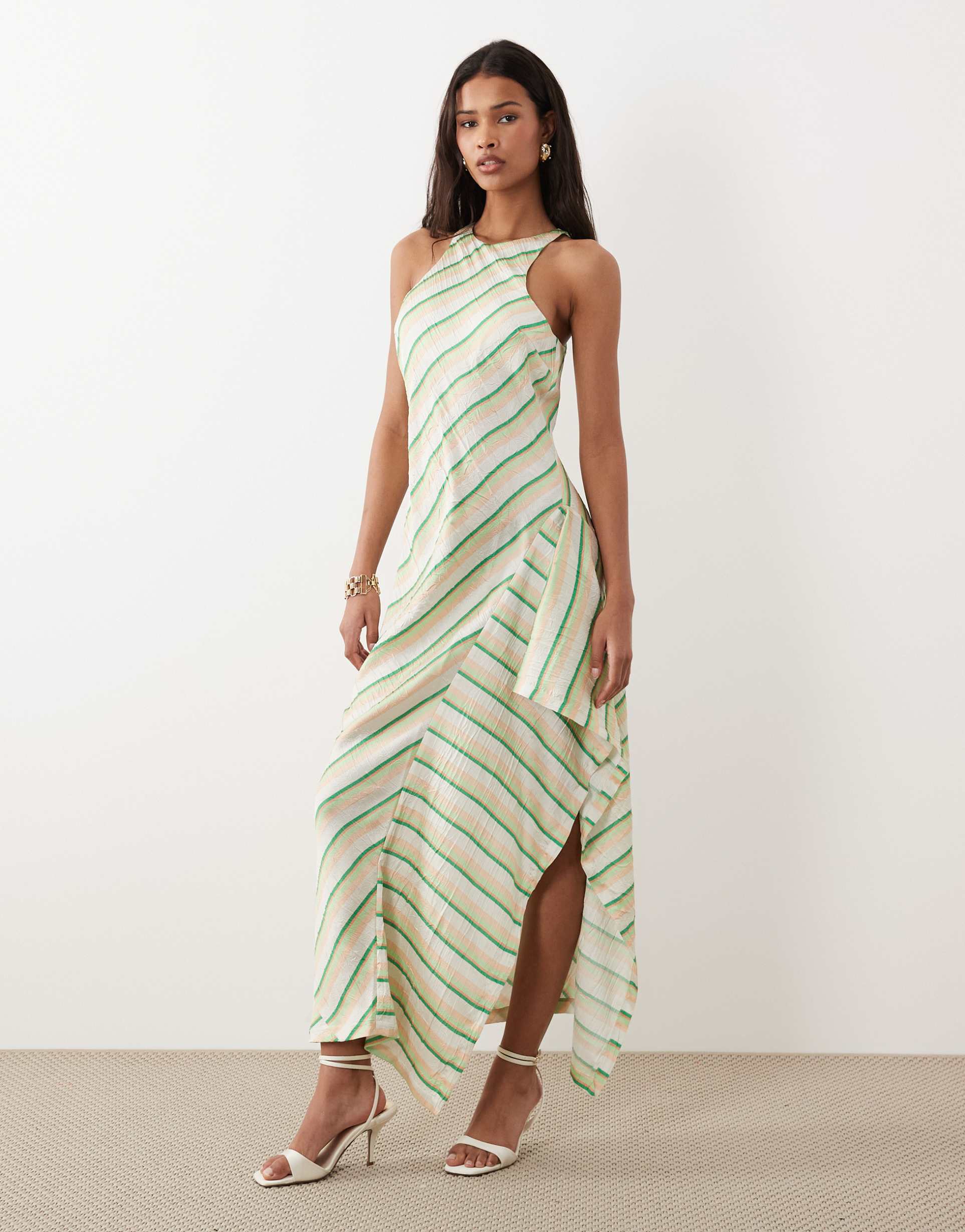 asos design satin racer midi dress with side ruffle detail in multi stripes