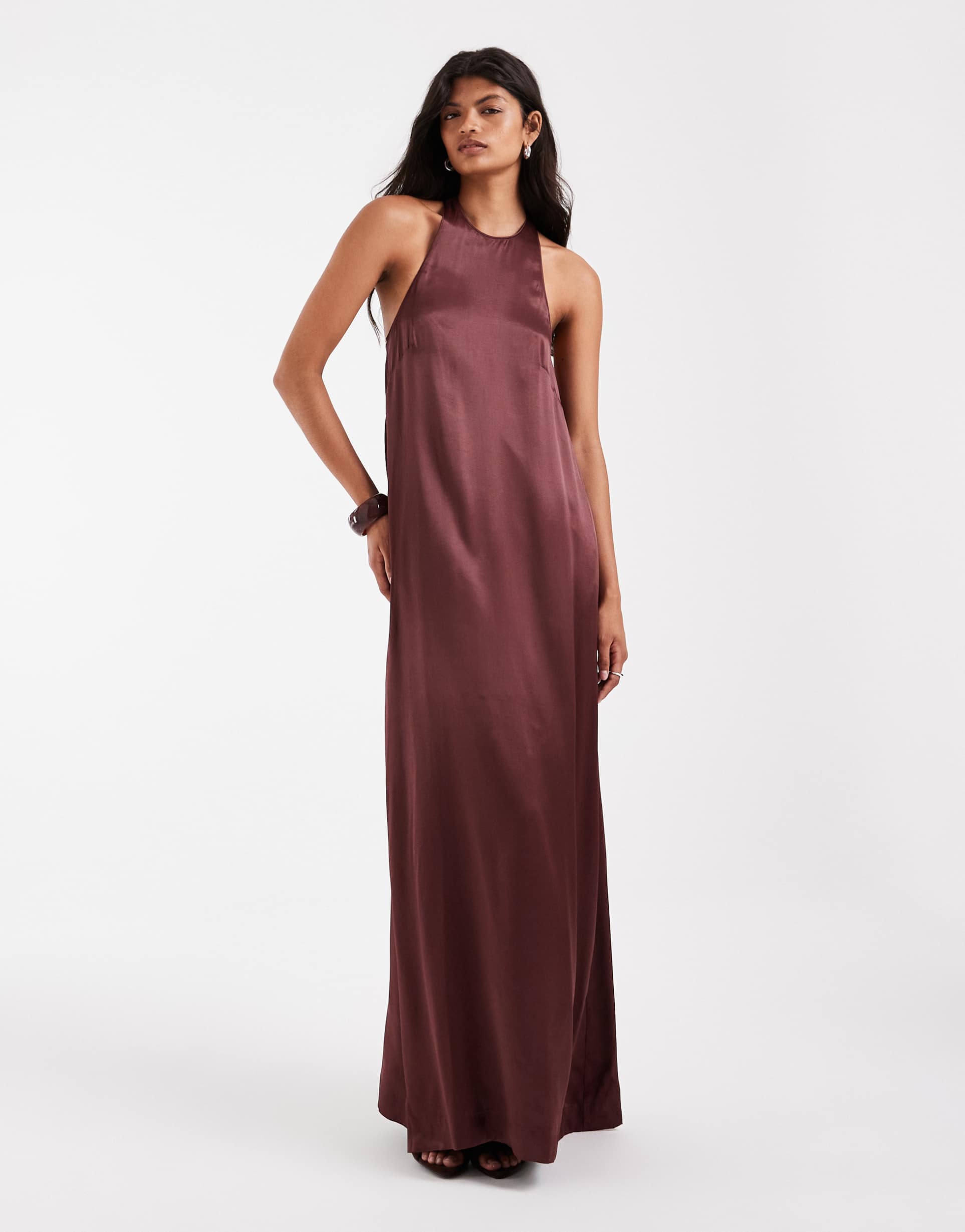 asos design satin racer neck maxi dress in chocolate