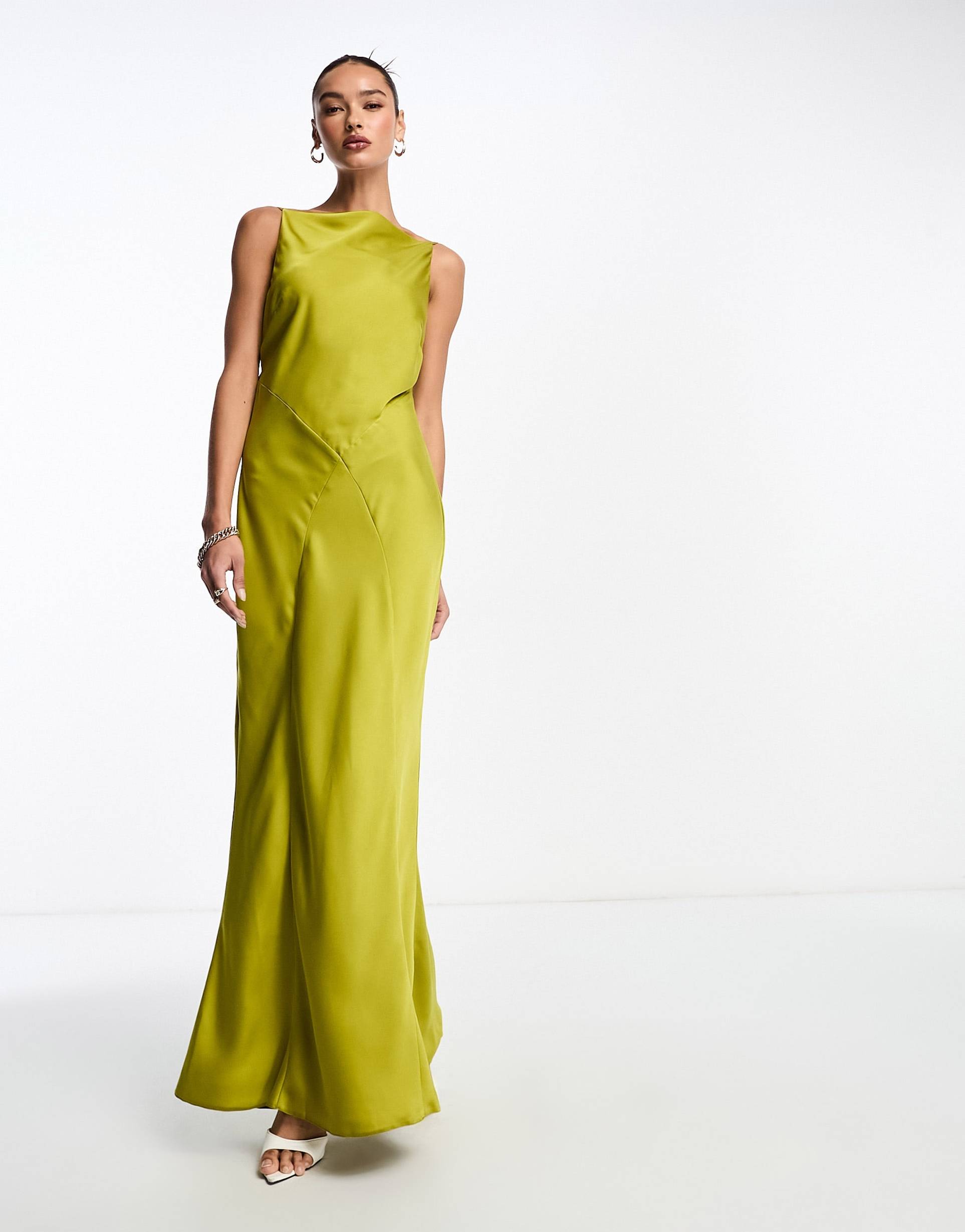 asos design satin racer neck maxi dress with cowl back detail in olive green