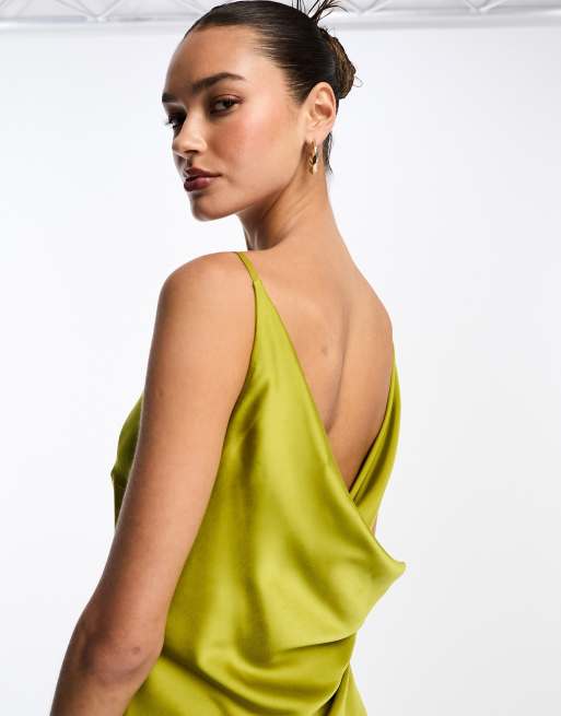 ASOS DESIGN satin racer neck maxi dress with cowl back detail in olive green  | ASOS