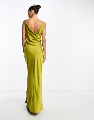 ASOS DESIGN satin long sleeve maxi dress with drawstring back in olive