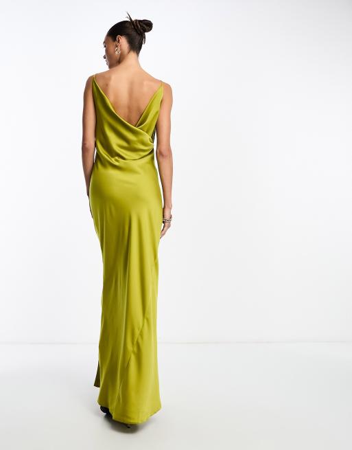 ASOS DESIGN satin racer neck maxi dress with cowl back detail in olive green