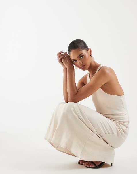 ASOS DESIGN satin racer neck maxi dress with slit in ivory - view 1