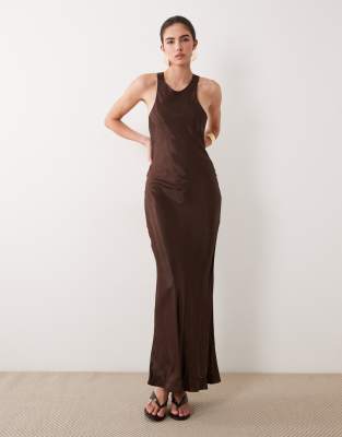 Asos Design Satin Racer Neck Maxi Dress With Split In Brown