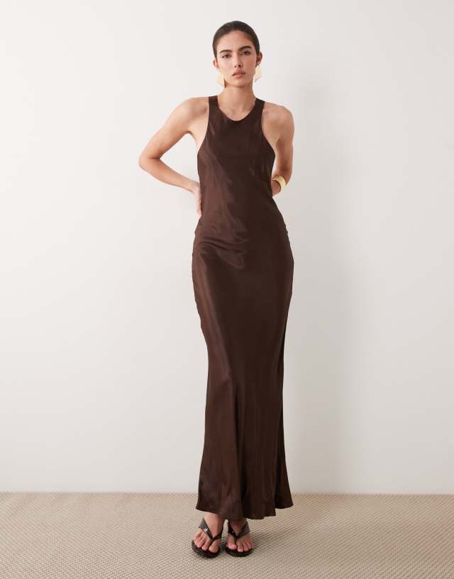ASOS DESIGN satin racer neck maxi dress with split in chocolate brown