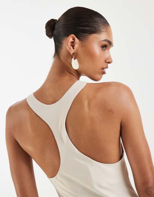 ASOS DESIGN satin racer neck maxi dress with split in ivory, 3 of 4
