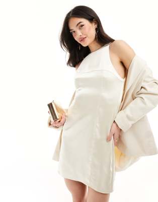 Asos Design Satin Racer Neck Mini Dress In Oyster-white