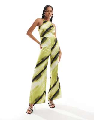 satin racer wide leg jumpsuit in green abstract print-Multi