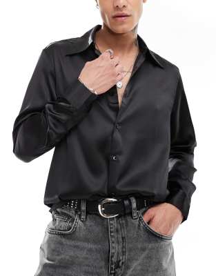 ASOS DESIGN ASOS DESIGN satin regular shirt with 70s collar in black-Brown
