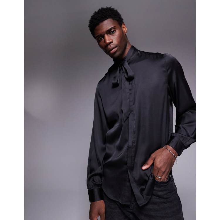 ASOS DESIGN satin regular shirt with tie neck and blouson volume