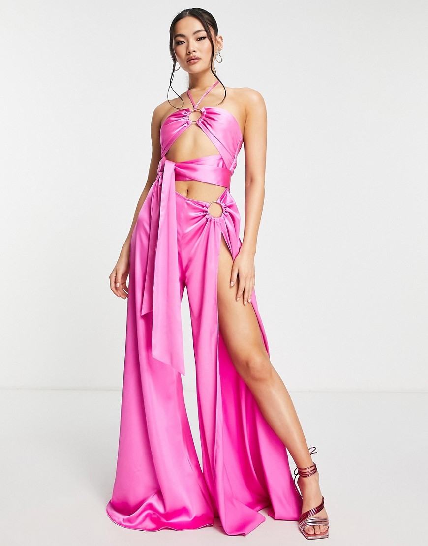 Asos Design Satin Ring Detail Cut Out Halter Jumpsuit In Bright Pink