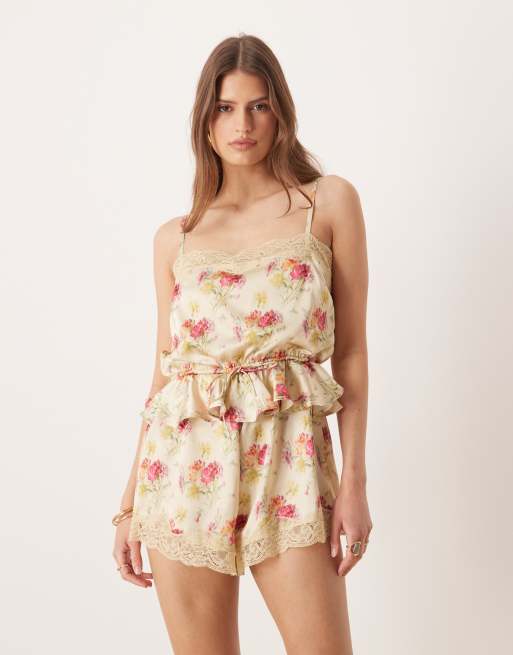 ASOS DESIGN satin romper with lace trim in vintage floral