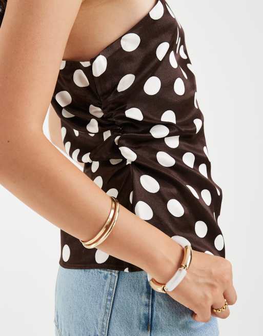 ASOS DESIGN satin ruched asym one shoulder top in polka dot, 2 of 4