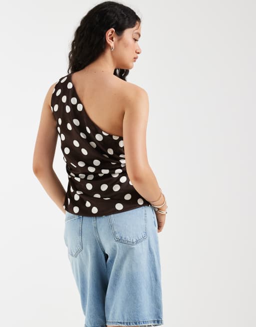 ASOS DESIGN satin ruched asym one shoulder top in polka dot, 3 of 4