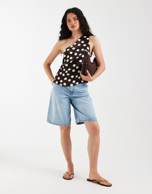 ASOS DESIGN satin ruched asym one shoulder top in polka dot, 4 of 4