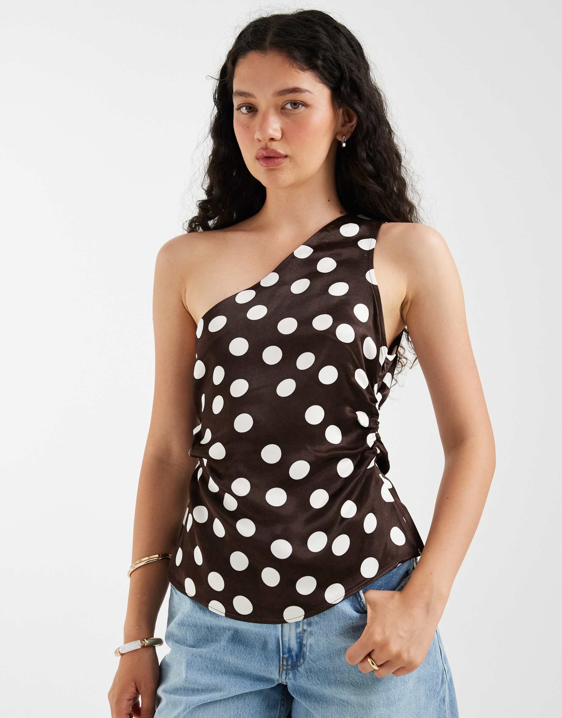 asos design satin ruched asymmetric one shoulder top in polka dot