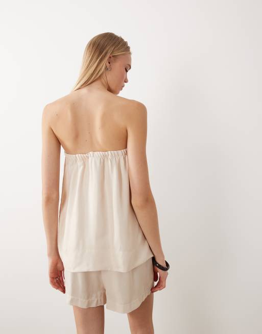 ASOS DESIGN satin ruched bandeau top in ecru co ord, 4 of 4