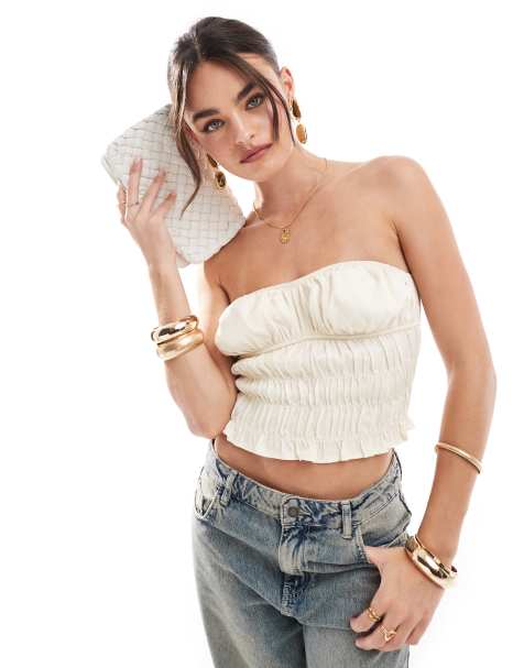 ASOS DESIGN satin ruched bandeau top in ivory - view 1