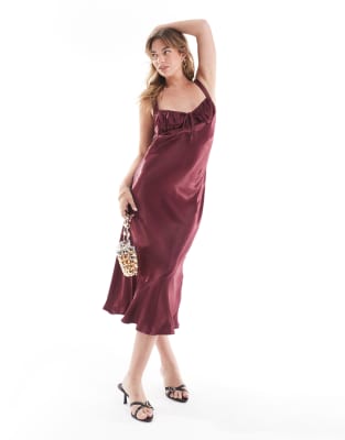 Asos Design Satin Ruched Bust Midaxi Dress In Burgundy-red