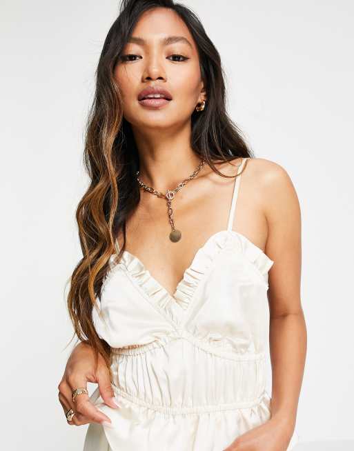 ASOS DESIGN satin ruched cami with ruffle in blush