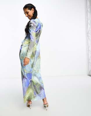 ASOS DESIGN satin ruched detail maxi dress in marble print