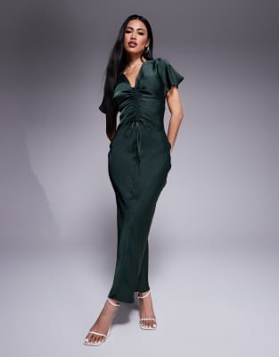 Asos Design Satin Ruched Front Detail Midaxi Dress In Deep Green