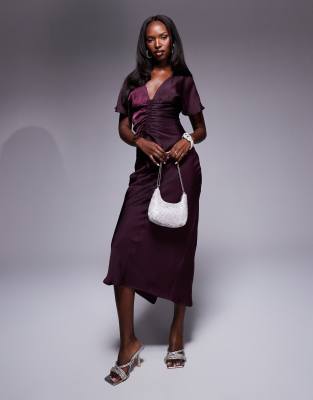Asos Design Satin Ruched Front Midi Dress In Berry-purple