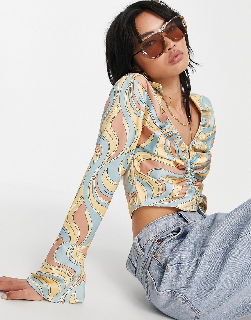 ASOS DESIGN satin ruched front top with hook and eye detail in swirl print-Multi