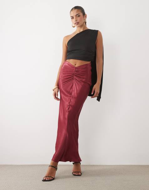 ASOS DESIGN satin ruched maxi skirt in cherry red