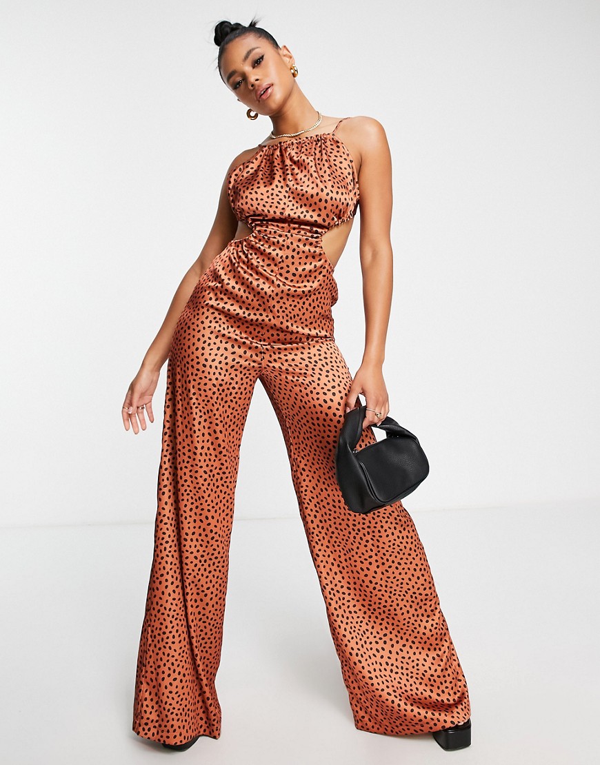 ASOS DESIGN satin ruched neck cut out jumpsuit in animal print-Multi