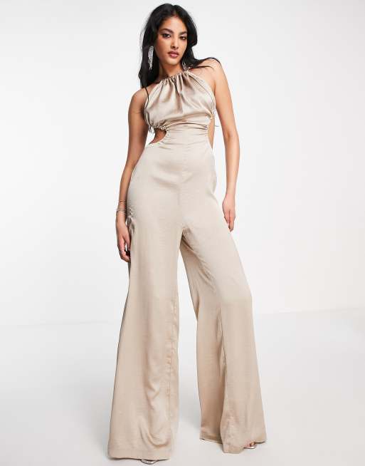 ASOS DESIGN satin ruched neck cut out jumpsuit in taupe | ASOS