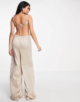 Taupe Satin Jumpsuit - Long Sleeve Jumpsuit - V-Neck Cut Out Jumpsuit