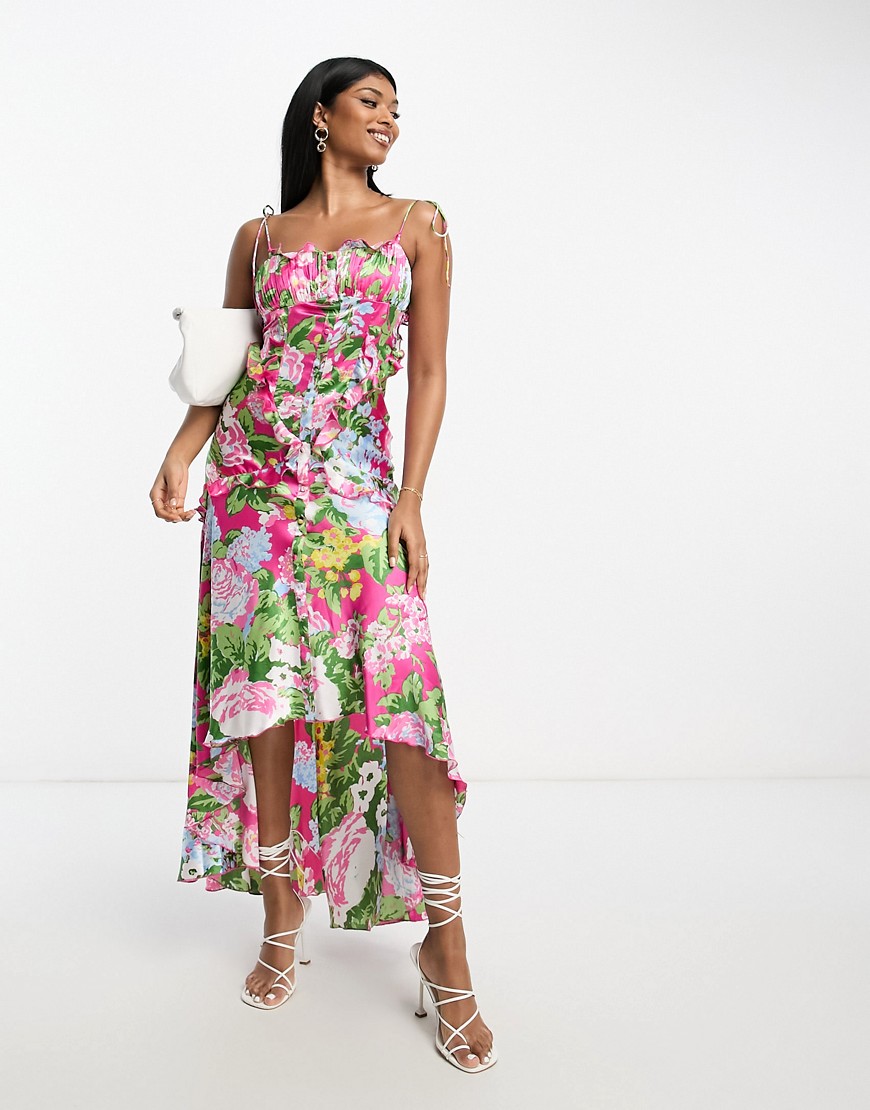 ASOS DESIGN satin ruched ruffle maxi dress with button detail in pink floral-Multi