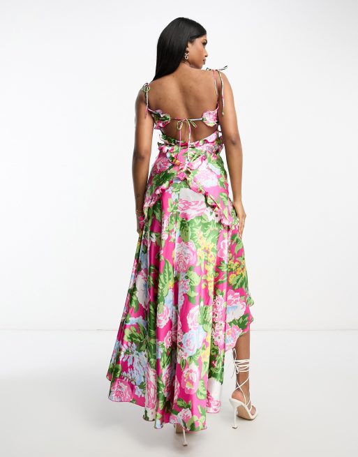 ASOS DESIGN frill detail wrap maxi satin dress in large bold floral print