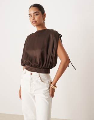 ASOS DESIGN satin ruched shoulder drape top in mocha-Brown