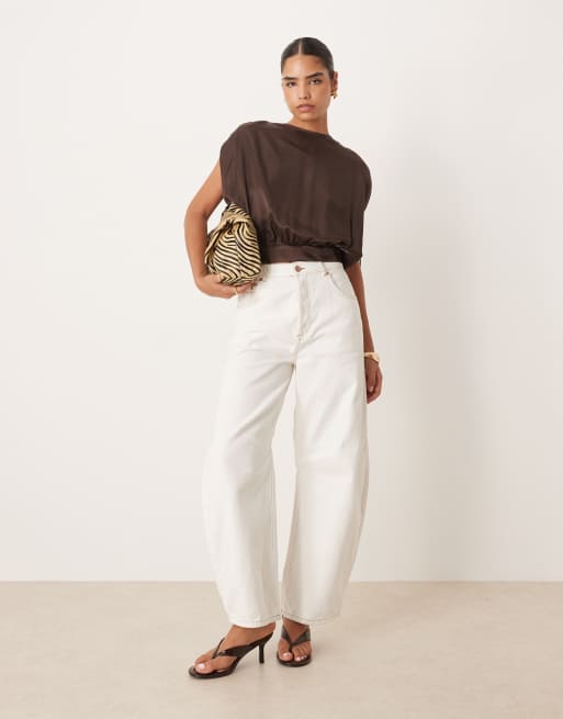 ASOS DESIGN satin ruched shoulder drape top in mocha, 3 of 4