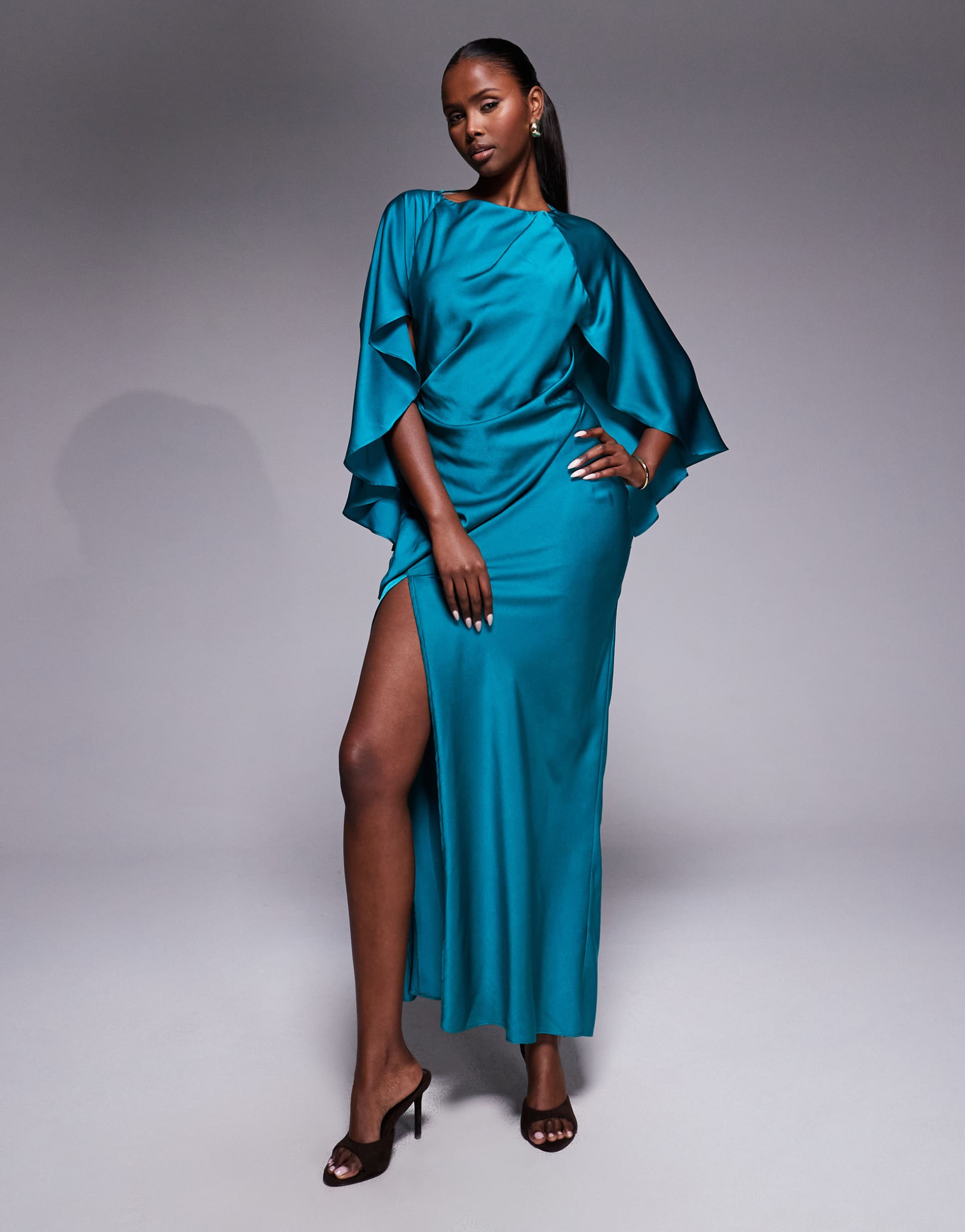 asos design satin ruffle cape sleeve maxi dress with open back detail and high slit in teal