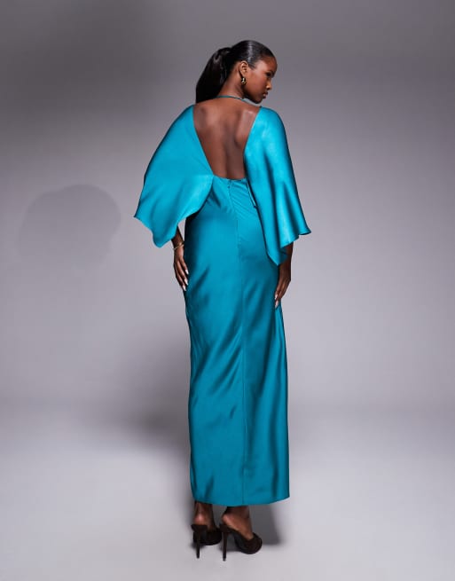 ASOS DESIGN satin ruffle cape sleeve maxi dress with open back detail and high split in teal, 2 of 4