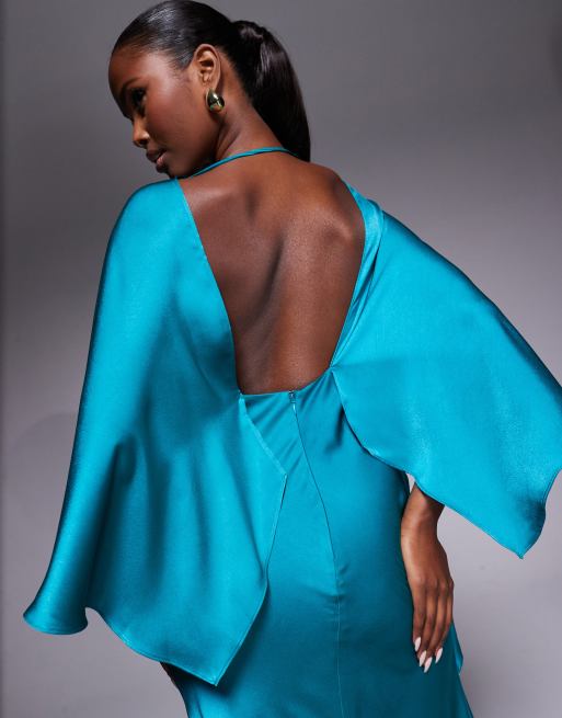 ASOS DESIGN satin ruffle cape sleeve maxi dress with open back detail and high split in teal, 4 of 4