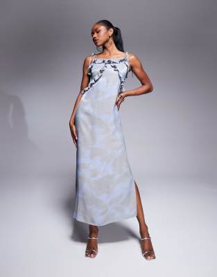 ASOS DESIGN satin ruffle detail maxi slip dress in blue floral-Multi