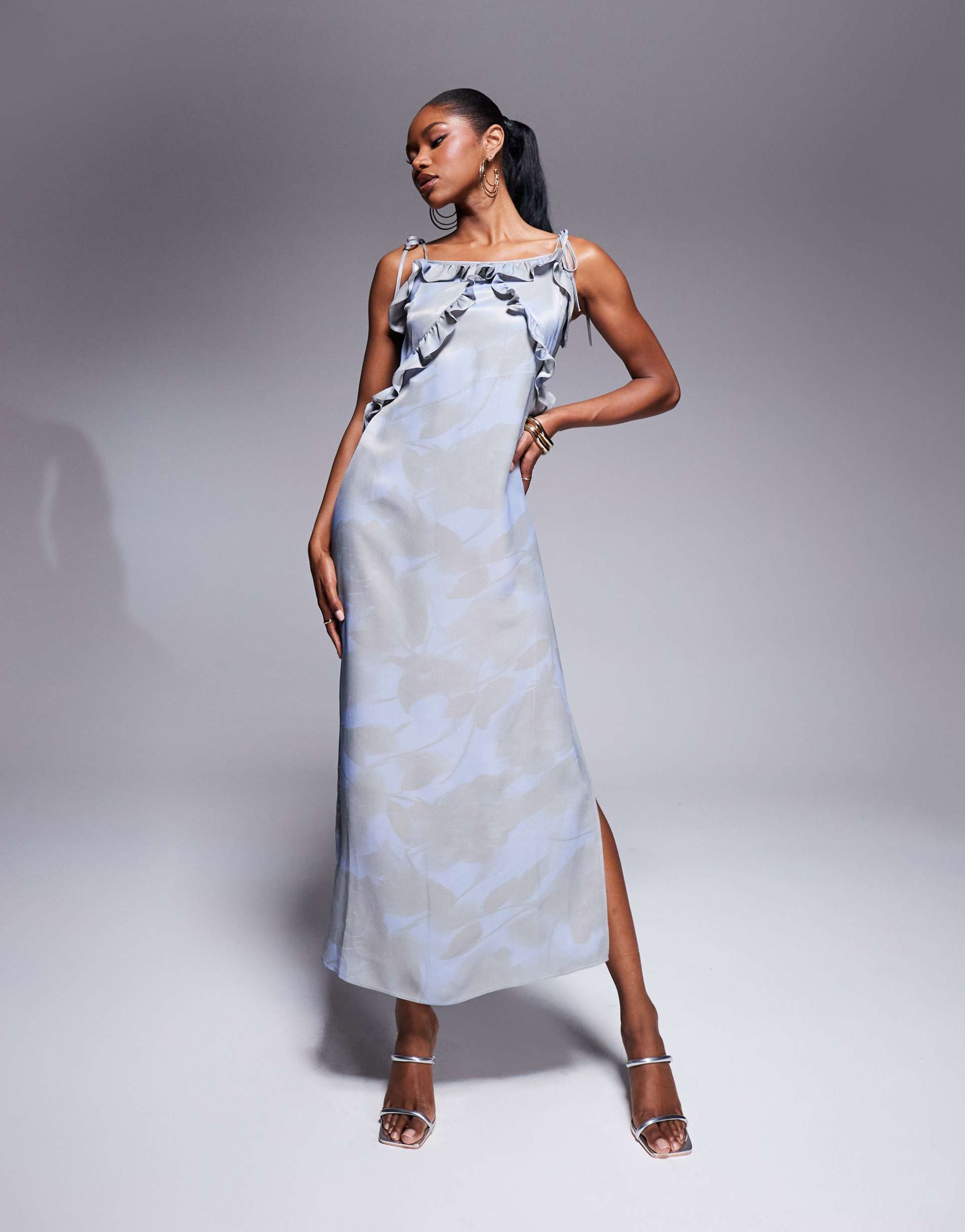 asos design satin ruffle detail maxi slip dress in blue floral